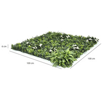 Konstgjord växtvägg 100 gånger 100 gånger 6 centimeter med olika sorters blad och vita blommor på ett svart plastgaller.