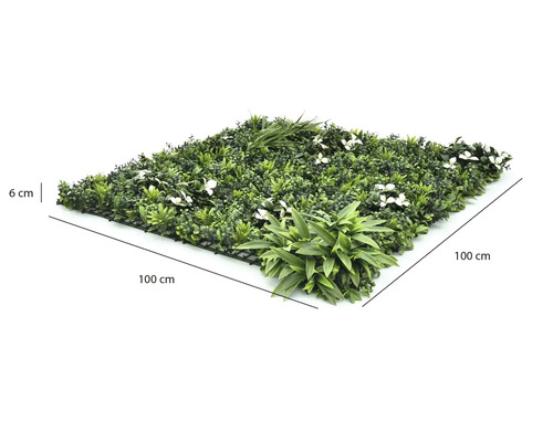 Konstgjord växtvägg 100 gånger 100 gånger 6 centimeter med olika sorters blad och vita blommor på ett svart plastgaller.