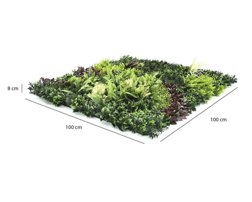Konstgjord växtvägg med olika sorters blad, mått 100 gånger 100 centimeter, djup 8 centimeter.