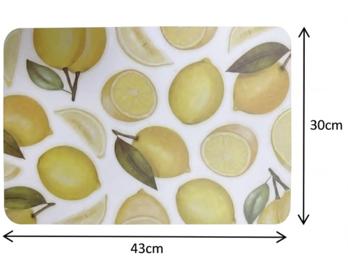 Rektangulärt tallriksunderlägg med citronmönster, 43 centimeter brett och 30 centimeter högt.