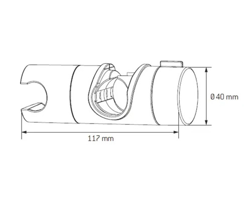 Teknisk ritning av en glidare för duschstång med en längd på 117 millimeter och en diameter på 40 millimeter.