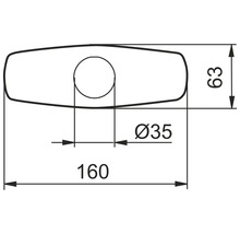 Måttritning av en täckplatta: bredd 160 millimeter, djup 63 millimeter, håldiameter 35 millimeter.
