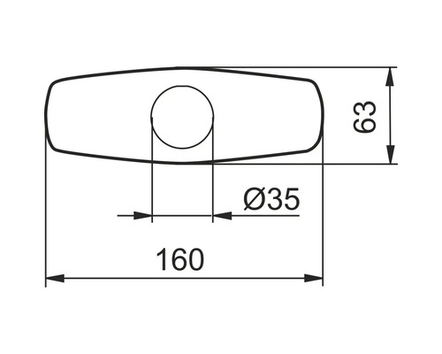 Måttritning av en täckplatta: bredd 160 millimeter, djup 63 millimeter, håldiameter 35 millimeter.