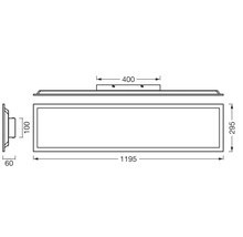 Teknisk ritning av en rektangulär LED-panel med måtten 1195 millimeter längd, 295 millimeter bredd och 60 millimeter djup.