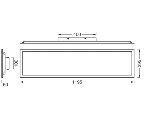 Teknisk ritning av en rektangulär LED-panel med måtten 1195 millimeter längd, 295 millimeter bredd och 60 millimeter djup.