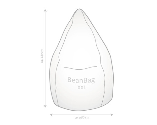 Schematisk bild av en BeanBag XXL sittsäck med mått: höjd circa 130 cm, diameter circa 80 cm.