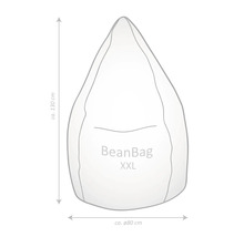 Skiss av en saccosäck BeanBag XXL med mått: höjd cirka 130 centimeter, diameter cirka 80 centimeter.
