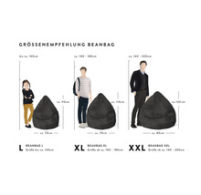Infografik med storleksrekommendationer för sittsäckar i L, XL och XXL. Innehåller uppgifter om kroppslängd, höjd och bredd i centimeter.
