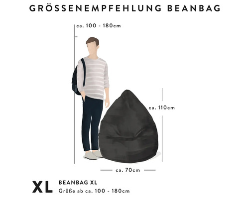 Storleksrekommendation sittsäck XL. Mått på cirka 70 centimeter bredd och 110 centimeter höjd för en kroppslängd på cirka 100 till 180 centimeter.