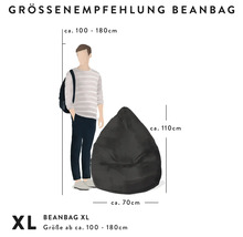 Storleksrekommendation sittsäck XL. Mått på cirka 70 centimeter bredd och 110 centimeter höjd för en kroppslängd på cirka 100 till 180 centimeter.