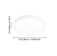 Rund platt taklampa med en diameter på 27,80 centimeter och en höjd på 2,50 centimeter.