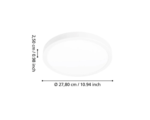 Rund platt taklampa med en diameter på 27,80 centimeter och en höjd på 2,50 centimeter.