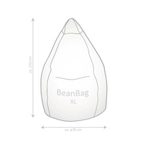 Skiss av en BeanBag XL saccosäck med mått: höjd cirka 110 centimeter, diameter cirka 70 centimeter.