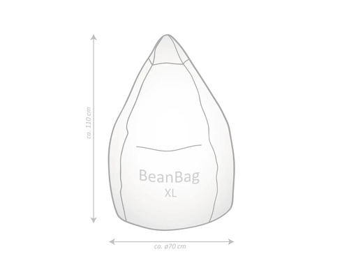 Skiss av en BeanBag XL saccosäck med mått: höjd cirka 110 centimeter, diameter cirka 70 centimeter.