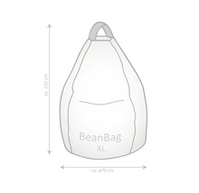 Skiss av en BeanBag sittsäck XL med mått: höjd cirka 110 centimeter och diameter cirka 70 centimeter.