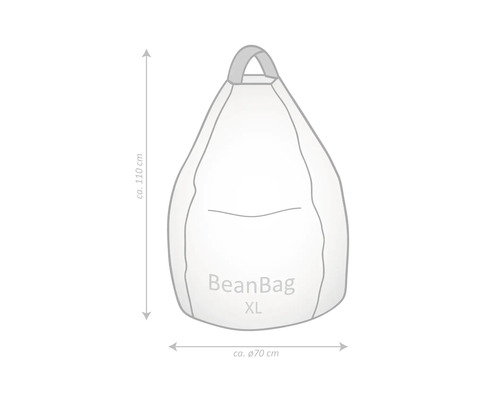 Skiss av en BeanBag sittsäck XL med mått: höjd cirka 110 centimeter och diameter cirka 70 centimeter.