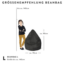 Storleksrekommendation för sittsäck L: höjd circa 90 centimeter, bredd circa 70 centimeter, för personer upp till circa 140 centimeter.