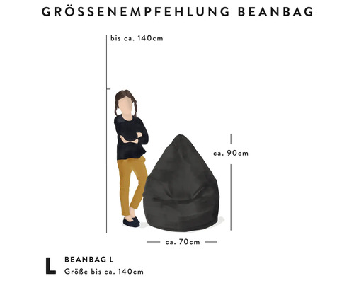 Storleksrekommendation för sittsäck L: höjd circa 90 centimeter, bredd circa 70 centimeter, för personer upp till circa 140 centimeter.