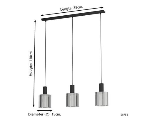 Taklampa med tre ljuskällor och cylindriska skärmar, längd 85 centimeter, höjd 110 centimeter, skärmdiameter 15 centimeter.