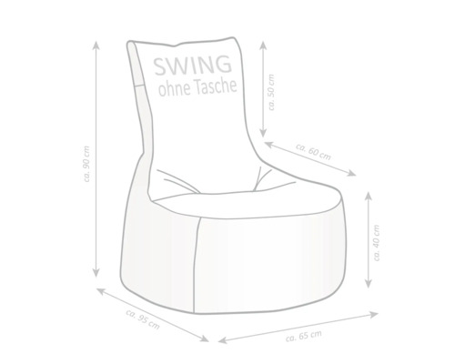 Sittsäck SWING utan ficka med mått: total höjd cirka 90 cm, bredd cirka 65 cm, totalt djup cirka 95 cm, sitthöjd cirka 40 cm.