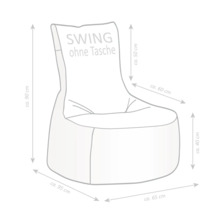 Skiss av en sittsäck SWING utan ficka med måttangivelser: totalhöjd circa 90 cm, bredd circa 95 cm, djup circa 65 cm.