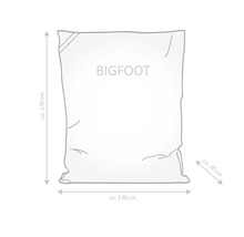 Skiss av en sittsäck BIGFOOT med mått: höjd cirka 170 cm, bredd cirka 130 cm, djup cirka 20 cm.