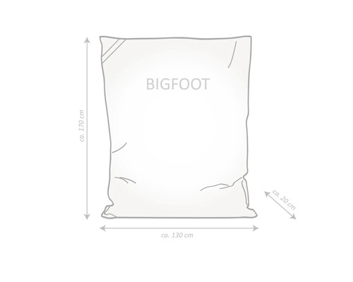 Skiss av en sittsäck BIGFOOT med mått: höjd cirka 170 cm, bredd cirka 130 cm, djup cirka 20 cm.