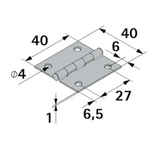 Teknisk ritning av ett gångjärn med måtten 40 gånger 40 millimeter, håldiameter 4 millimeter och en tjocklek på 1 millimeter.