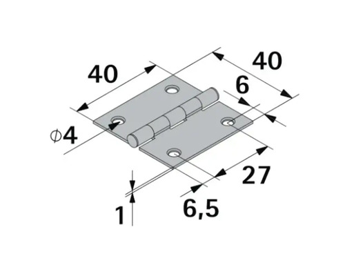 Teknisk ritning av ett gångjärn med måtten 40 gånger 40 millimeter, håldiameter 4 millimeter och en tjocklek på 1 millimeter.