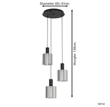 Taklampa med 3 ljuskällor och cylindriska glasskärmar, diameter 41 centimeter, höjd 130 centimeter.