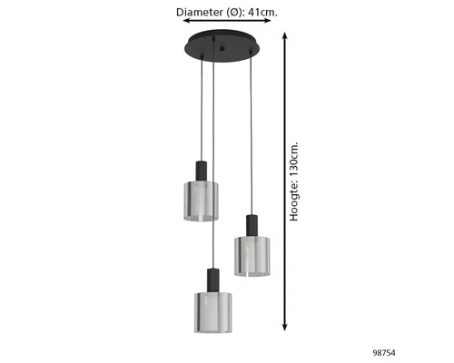 Taklampa med 3 ljuskällor och cylindriska glasskärmar, diameter 41 centimeter, höjd 130 centimeter.