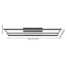 Svart LED-taklampa i rektangulär design med måtten 64 centimeter bredd, 22 centimeter djup och 5 centimeter höjd.