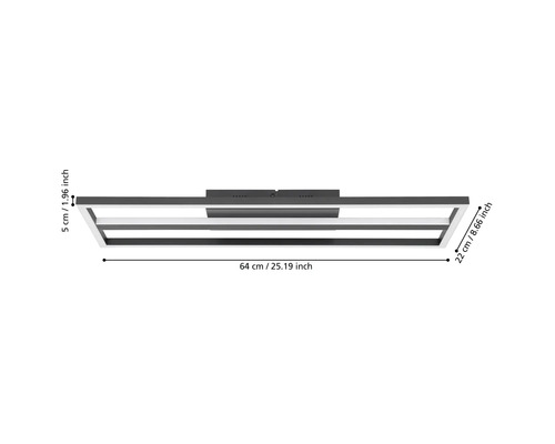 Svart LED-taklampa i rektangulär design med måtten 64 centimeter bredd, 22 centimeter djup och 5 centimeter höjd.