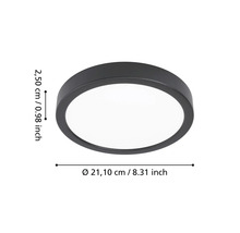 Rund LED-taklampa i svart med en diameter på 21,10 centimeter och en höjd på 2,50 centimeter.