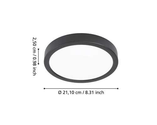 Rund LED-taklampa i svart med en diameter på 21,10 centimeter och en höjd på 2,50 centimeter.