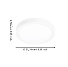 Rund platt vit taklampa med en diameter på 21,10 centimeter och en höjd på 2,50 centimeter.