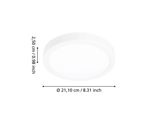 Rund platt vit taklampa med en diameter på 21,10 centimeter och en höjd på 2,50 centimeter.