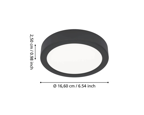 Rund LED-taklampa, diameter 16,60 centimeter, höjd 2,50 centimeter.