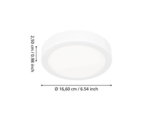 Rund LED-taklampa med en diameter på 16,60 centimeter och en höjd på 2,50 centimeter.