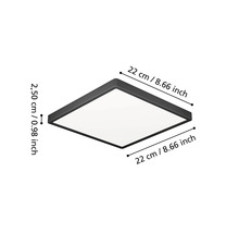 Fyrkantig LED-taklampa med svart ram, bredd 22 centimeter, längd 22 centimeter, höjd 2,50 centimeter.