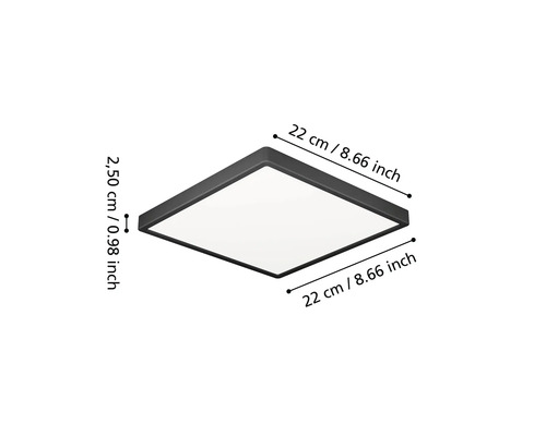 Fyrkantig LED-taklampa med svart ram, bredd 22 centimeter, längd 22 centimeter, höjd 2,50 centimeter.
