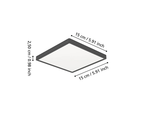 Fyrkantig LED-panel med mått: 15 centimeter längd, 15 centimeter bredd och 2,50 centimeter höjd.