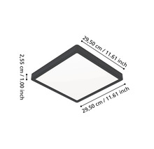 Svart kvadratisk LED-taklampa med måtten 29,5 centimeter gånger 29,5 centimeter och en höjd på 2,55 centimeter.