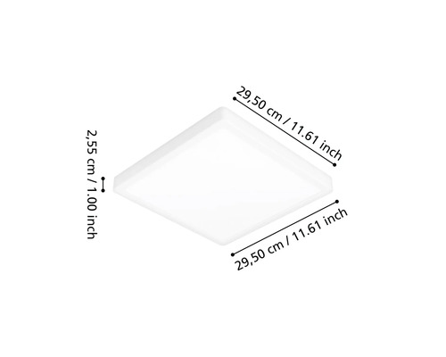 Kvadratisk LED-taklampa, mått 29,50 centimeter gånger 29,50 centimeter, höjd 2,55 centimeter.