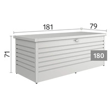 Trädgårdslåda med horisontell linjestruktur och måtten 181 centimeter längd, 79 centimeter bredd och 71 centimeter höjd. Modell storlek 180.
