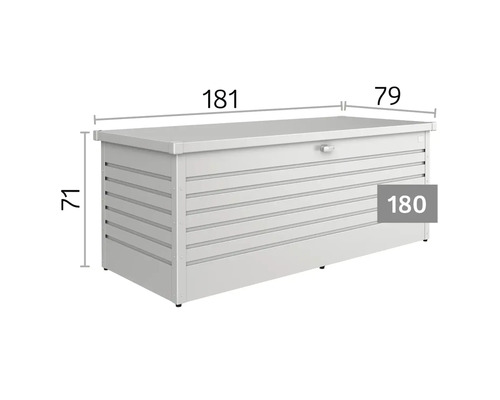 Trädgårdslåda med horisontell linjestruktur och måtten 181 centimeter längd, 79 centimeter bredd och 71 centimeter höjd. Modell storlek 180.
