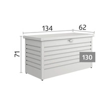Trädgårdslåda i metall med mått: längd 134 centimeter, djup 62 centimeter, höjd 71 centimeter, modell 130.
