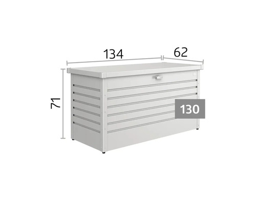 Trädgårdslåda i metall med mått: längd 134 centimeter, djup 62 centimeter, höjd 71 centimeter, modell 130.