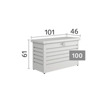 Dynbox med mått: bredd 101 centimeter, djup 46 centimeter, höjd 61 centimeter. Modell 100.