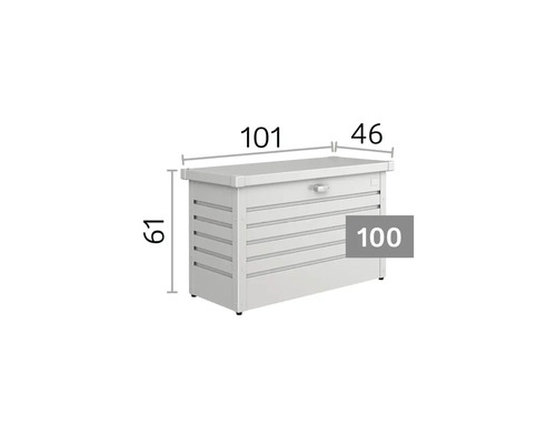Dynbox med mått: bredd 101 centimeter, djup 46 centimeter, höjd 61 centimeter. Modell 100.